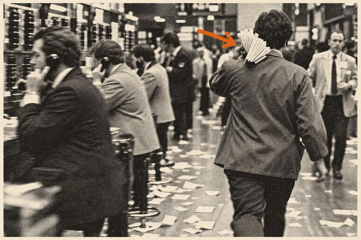 The exchange floor after the close, ankle-deep in dropped tickets